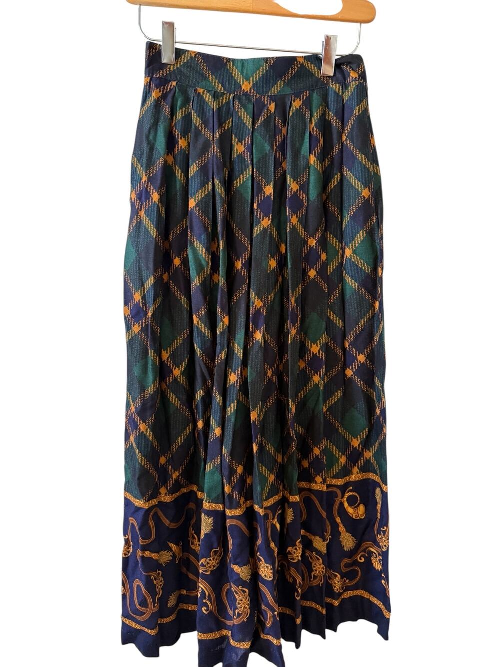 Vintage Sag Harbor Equestrian Print Twirl Midi Skirt Blue Green Plaid